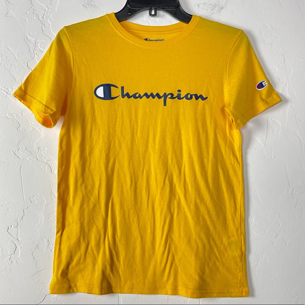 Champion Shirt Knit Top Tee‎ Solid Yellow Short Sleeve Crew Neck Logo Spell Out